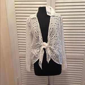 NWT  Zara White Eyelet Tie-Front Blouse long sleeve  cotton XL